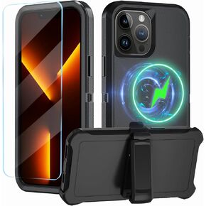 Magnetic for iPhone 13 Pro Case,with Belt Clip,[Compatible with Magsafe] W/Tempered Glass Screen Protector,Anti-Drop,Shockproof,Heavy Duty Protection (Black) in Kuwait