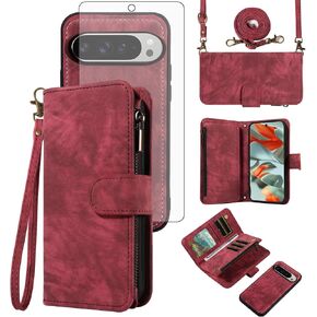 Asuwish Phone Case for Google Pixel 9 Pro XL Zipper Wallet Magnetic Cell Cover with Tempered Glass Screen Protector Crossbody Strap Flip Credit Card Holder Pixel9 9Pro 9ProXL Nine Women Girls Black in Kuwait