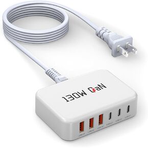 [2026 محدث] محطة شحن USB C، محطة شحن سريعة 130 وات GaN 6 منافذ من النوع C، محول متعدد المنافذ لهاتف iPhone 17/16/15/14/13/Pro Max/Plus، iPad mini/Pro، Galaxy S26/S25، سلك طاقة بطول 5 أقدام - أبيض in Kuwait