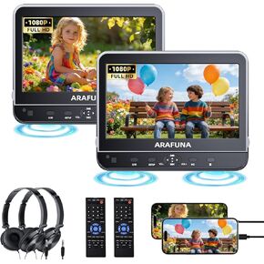 ARAFUNA مشغلات DVD مزدوجة للسيارة مقاس 10.5 بوصة مع مدخل HDMI 1080P وسماعتين، ومشغل DVD لمسند الرأس للأطفال يدعم شاشة المزامنة، وتشغيل فيلمين مختلفين، وأقواس تثبيت، وبطاقة USB/SD، خالية من المنطقة in Kuwait