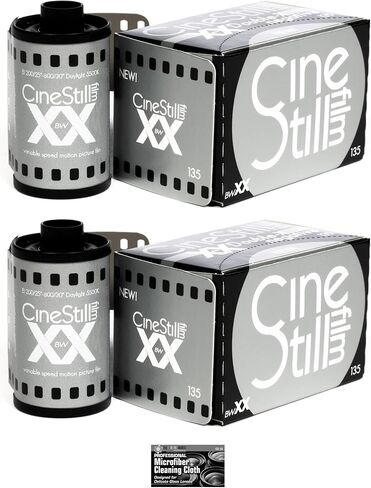 فيلم CineStill Film BwXX Double-X بالأبيض والأسود (فيلم رول 35 مم، 36 تعريضًا) عبوتان مع قطعة قماش للتنظيف من الألياف الدقيقة in Kuwait