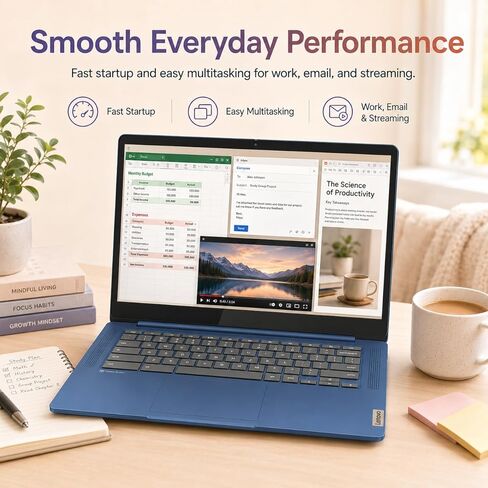 كمبيوتر محمول Lenovo IdeaPad Slim 3 Chromebook، كمبيوتر محمول بشاشة لمس 14 بوصة FHD IPS، MediaTek Kompanio 520، ذاكرة الوصول العشوائي 4 جيجابايت، 64 جيجابايت eMMC + 128 جيجابايت SD، عمر البطارية 13.5 ساعة، كمبيوتر محمول للأعمال لدراسة العمل، Abyss Blue in Kuwait