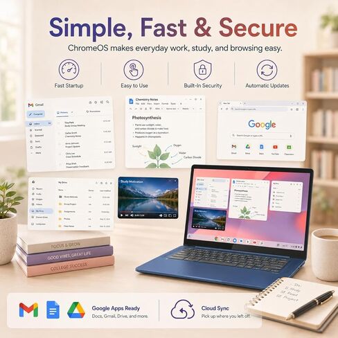 كمبيوتر محمول Lenovo IdeaPad Slim 3 Chromebook، كمبيوتر محمول بشاشة لمس 14 بوصة FHD IPS، MediaTek Kompanio 520، ذاكرة الوصول العشوائي 4 جيجابايت، 64 جيجابايت eMMC + 128 جيجابايت SD، عمر البطارية 13.5 ساعة، كمبيوتر محمول للأعمال لدراسة العمل، Abyss Blue in Kuwait