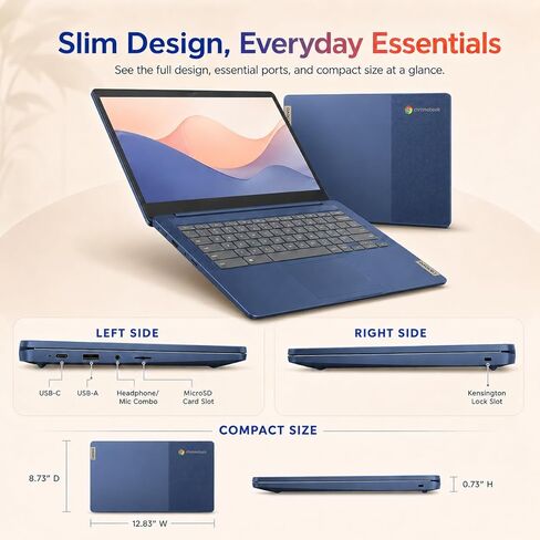 كمبيوتر محمول Lenovo IdeaPad Slim 3 Chromebook، كمبيوتر محمول بشاشة لمس 14 بوصة FHD IPS، MediaTek Kompanio 520، ذاكرة الوصول العشوائي 4 جيجابايت، 64 جيجابايت eMMC + 128 جيجابايت SD، عمر البطارية 13.5 ساعة، كمبيوتر محمول للأعمال لدراسة العمل، Abyss Blue in Kuwait