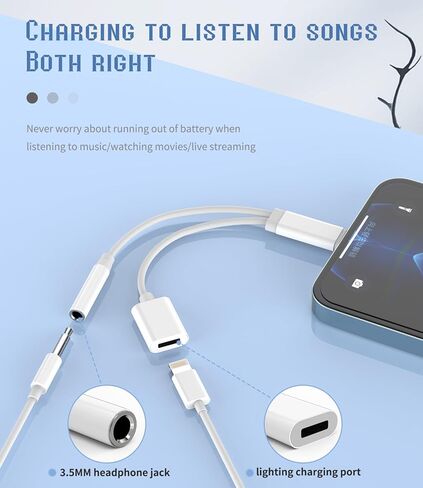 Lightning to 3.5mm Splitter (2in1) for iPhone AUX محول سماعة الرأس جاك شاحن دونجل سلك MFI معتمد لجهاز iPad 11 12 13 14 Pro 8 Plus Audio Earbud Power Converter Cable Charging Connector in Kuwait