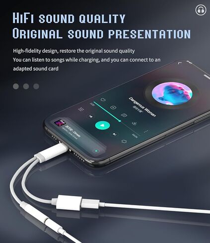Lightning to 3.5mm Splitter (2in1) for iPhone AUX محول سماعة الرأس جاك شاحن دونجل سلك MFI معتمد لجهاز iPad 11 12 13 14 Pro 8 Plus Audio Earbud Power Converter Cable Charging Connector in Kuwait