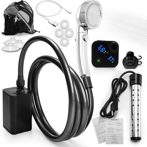 دش محمول في الهواء الطلق مع سخان مياه غمر - دش تخييم محمول منخفض الضوضاء مع شاشة LED، 3 مستويات مياه قابلة للتعديل - مجموعة دش محمولة ساخنة للسفر والحيوانات الأليفة والمشي لمسافات طويلة والتخييم in Kuwait