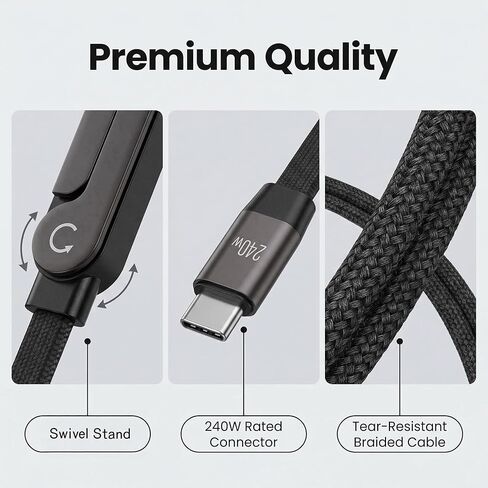 كابل شاحن بحامل غير مرئي 2 في 1 | شحن فائق السرعة بقدرة 240 وات، من USB-C إلى USB-C مع حامل قابل للطي، متوافق مع iPhone وSamsung، مثالي للألعاب والسفر في المكتب والسيارة in Kuwait