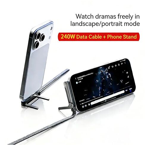 كابل شاحن بحامل غير مرئي 2 في 1 | شحن فائق السرعة بقدرة 240 وات، من USB-C إلى USB-C مع حامل قابل للطي، متوافق مع iPhone وSamsung، مثالي للألعاب والسفر في المكتب والسيارة in Kuwait