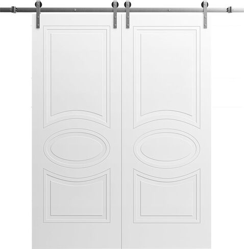 VDOMDOORS باب الحظيرة المزدوج الحديث / Mela 7001 / 13FT مجموعة مسارات السكك الحديدية / أبواب داخلية ذات ألواح صلبة - 64 بوصة × 96 بوصة (2 * 32 × 96) - سكة فضية in Kuwait