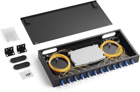 1U 19 inches Racks Cabinet LC-UPC 24 Ports Rack Mount Fiber Termination Box Include 12 pcs LC SM Duplex adaptors, 1pc 24 cores Splice Tray 24 pcs Singlemode Pigtails 1M Cables Spool, Accessories in Kuwait
