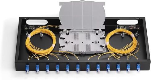 1U 19 inches Racks Cabinet LC-UPC 24 Ports Rack Mount Fiber Termination Box Include 12 pcs LC SM Duplex adaptors, 1pc 24 cores Splice Tray 24 pcs Singlemode Pigtails 1M Cables Spool, Accessories in Kuwait
