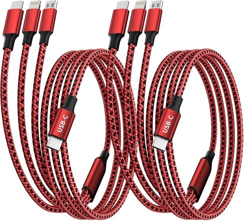 Multi Charging Cable, USB C 3 in 1 Charging Cable[2Pack 4FT], USB C Cable Nylon Braided Multiple Charger Cord with Type-C, Micro USB and IP Port for iPhone 16/15 Series/Cell Phones and More-Red&Black in Kuwait