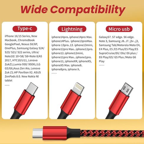 Multi Charging Cable, USB C 3 in 1 Charging Cable[2Pack 4FT], USB C Cable Nylon Braided Multiple Charger Cord with Type-C, Micro USB and IP Port for iPhone 16/15 Series/Cell Phones and More-Red&Black in Kuwait
