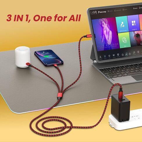 Multi Charging Cable, USB C 3 in 1 Charging Cable[2Pack 4FT], USB C Cable Nylon Braided Multiple Charger Cord with Type-C, Micro USB and IP Port for iPhone 16/15 Series/Cell Phones and More-Red&Black in Kuwait