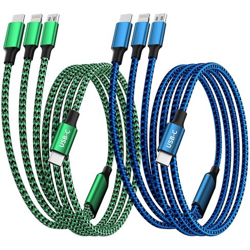 كابل شحن USB C متعدد [2 حزمة 4أقدام]، كابل شحن 3 في 1 كابل USB C سلك شاحن متعدد من النايلون مع نوع C، منفذ USB صغير ومنفذ IP لسلسلة iPhone 16/15/الهواتف المحمولة والمزيد - أزرق وأخضر in Kuwait