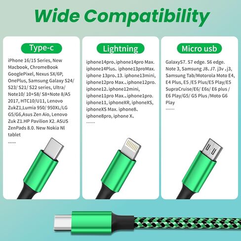كابل شحن USB C متعدد [2 حزمة 4أقدام]، كابل شحن 3 في 1 كابل USB C سلك شاحن متعدد من النايلون مع نوع C، منفذ USB صغير ومنفذ IP لسلسلة iPhone 16/15/الهواتف المحمولة والمزيد - أزرق وأخضر in Kuwait