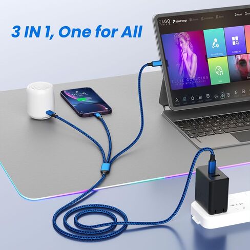 كابل شحن USB C متعدد [2 حزمة 4أقدام]، كابل شحن 3 في 1 كابل USB C سلك شاحن متعدد من النايلون مع نوع C، منفذ USB صغير ومنفذ IP لسلسلة iPhone 16/15/الهواتف المحمولة والمزيد - أزرق وأخضر in Kuwait