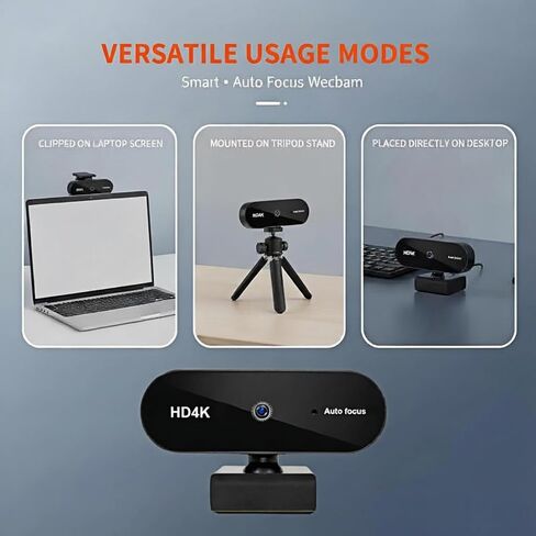 كاميرا ويب Genérico 4K للكمبيوتر المحمول، كاميرا أوتوماتيكية مع ميكروفون، USB وتشغيل للبث/مكالمات الفيديو، مجال رؤية 90 درجة in Kuwait