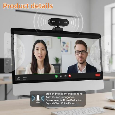 كاميرا ويب Genérico 4K للكمبيوتر المحمول، كاميرا أوتوماتيكية مع ميكروفون، USB وتشغيل للبث/مكالمات الفيديو، مجال رؤية 90 درجة in Kuwait
