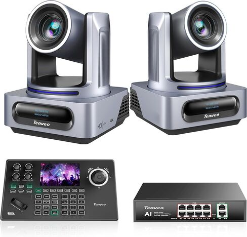 مجموعة/مجموعة كاميرا Tenveo 4K NDI PTZ - عبوتان من كاميرات التتبع AI 20X (SDI/LAN/HDMI/USB3.0)، وحدة تحكم عصا التحكم NDI بشاشة 5 بوصات، ومحول شبكة Gigabit PoE بـ 8 منافذ in Kuwait