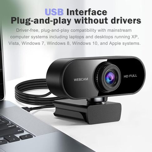 1080P Webcam with Microphone, Video Calling Web Camera, Wide-Angle Lens, Auto Light Correction, Plug & Play USB Webcam for Meetings, Streaming, for Laptop, Desktop, PC, Mac, Zoom, Skype, Black in Kuwait