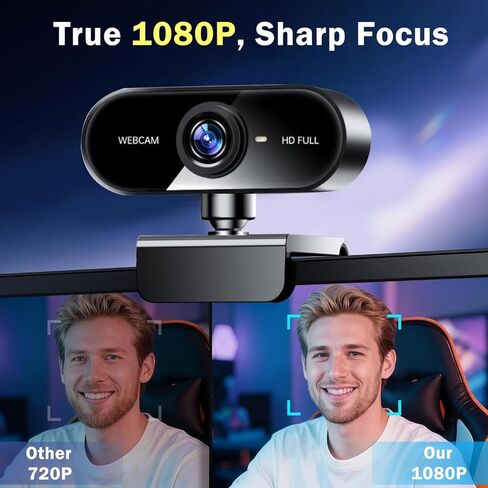 1080P Webcam with Microphone, Video Calling Web Camera, Wide-Angle Lens, Auto Light Correction, Plug & Play USB Webcam for Meetings, Streaming, for Laptop, Desktop, PC, Mac, Zoom, Skype, Black in Kuwait