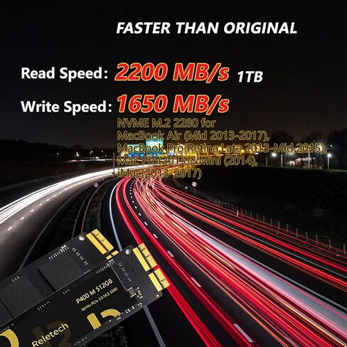 محرك أقراص الحالة الصلبة NVMe M.2 Gen 3x4 بسعة 512 جيجابايت، سرعة قراءة تصل إلى 2200 ميجابايت/ثانية وكتابة 1650 ميجابايت/ثانية لجهاز MacBook Air (منتصف 2013-2017) MacBook Pro (Retina، أواخر 2013 - منتصف 2015 (P400M، 512 جيجابايت) in Kuwait