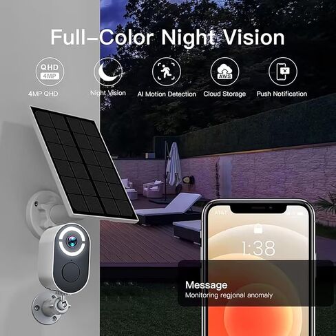 4MP QHD Solar Security Camera with WiFi, Full Color Night Vision, PIR Motion Detection, Two-Way Audio, IP66 Waterproof, 2.4GHz Indoor Outdoor Home Surveillance in Kuwait