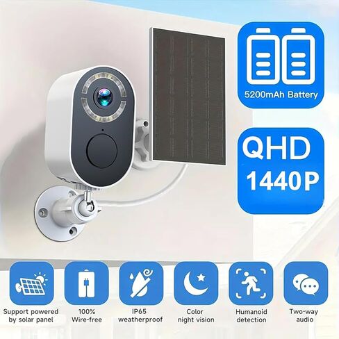 4MP QHD Solar Security Camera with WiFi, Full Color Night Vision, PIR Motion Detection, Two-Way Audio, IP66 Waterproof, 2.4GHz Indoor Outdoor Home Surveillance in Kuwait