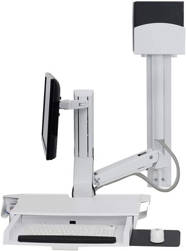 Ergotron SV Combo Adjustable Single Arm Worksurface & Pan, Small CPU Holder, 24-inch Screen Support, White (45-594-216) in Kuwait