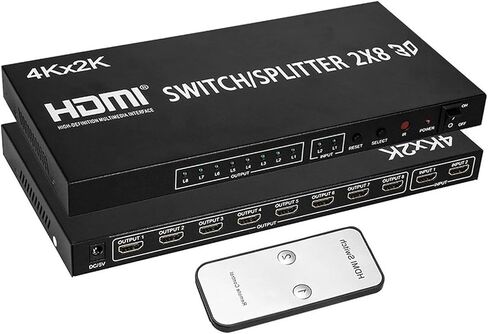 2X8 HDMI Splitter، Full HD 4K Video HDMI Switcher 2x8 Split 2 in 8 Out Display Dual Display for PS3 Xbox PC to HDTV Monitor Projector مع الطاقة in Kuwait
