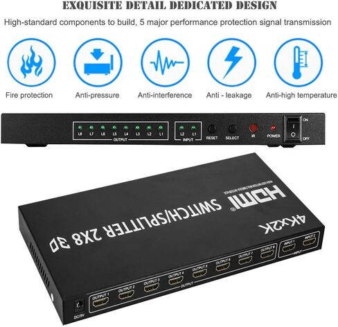 2X8 HDMI Splitter، Full HD 4K Video HDMI Switcher 2x8 Split 2 in 8 Out Display Dual Display for PS3 Xbox PC to HDTV Monitor Projector مع الطاقة in Kuwait