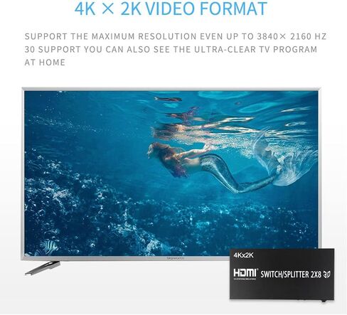 2X8 HDMI Splitter، Full HD 4K Video HDMI Switcher 2x8 Split 2 in 8 Out Display Dual Display for PS3 Xbox PC to HDTV Monitor Projector مع الطاقة in Kuwait