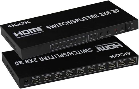2X8 HDMI Splitter، Full HD 4K Video HDMI Switcher 2x8 Split 2 in 8 Out Display Dual Display for PS3 Xbox PC to HDTV Monitor Projector مع الطاقة in Kuwait