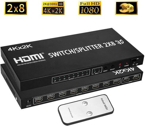 2X8 HDMI Splitter، Full HD 4K Video HDMI Switcher 2x8 Split 2 in 8 Out Display Dual Display for PS3 Xbox PC to HDTV Monitor Projector مع الطاقة in Kuwait