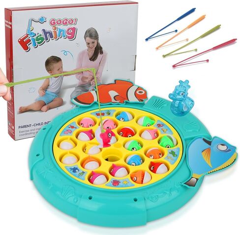 Magnetic Fishing Games Set - Fun and Educational Fishing Toys for Toddlers and Kids, Includes 21 Fish, 4 Poles, Rotating Board, and On-Off Music, Perfect Fish Toy for Go Fish Fun in Saudi Arabia