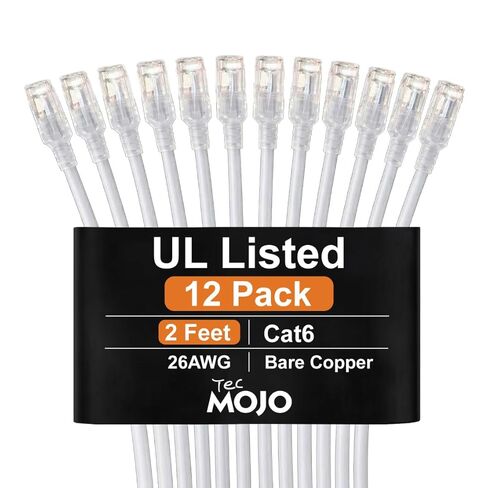 كابل إيثرنت Cat6 بطول 2 قدم من Tecmojo UL، موصلات نحاسية نقية 26AWG بنسبة 100%، كابل شبكة Cat6، Snagless RJ45 لجهاز التوجيه والمودم وXbox والكمبيوتر المحمول والخوادم، 12 حزمة، أبيض in Kuwait