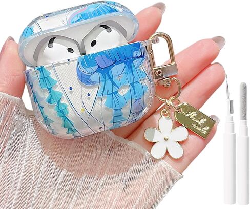 حافظة شفافة من MINSCOSE لأجهزة AirPods 4، تصميم صدف لطيف للحياة البحرية في المحيط مع سلسلة مفاتيح على شكل زهرة، غطاء حماية ناعم من البولي يوريثان الحراري مقاوم للصدمات مع مجموعة أدوات تنظيف لأجهزة AirPods 4 للنساء والفتيات - دولفين in Kuwait