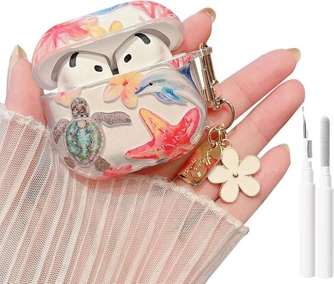 MINSCOSE for AirPods 4 Clear Case,Cute Ocean Marine Life Seashell Design with Flower Keychain,Soft TPU Protective Shockproof Cover with Cleaner Kit for AirPods 4 for Women Girls-Dolphin in Saudi Arabia