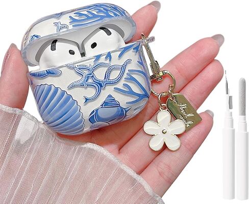 MINSCOSE for AirPods 4 Clear Case,Cute Ocean Marine Life Seashell Design with Flower Keychain,Soft TPU Protective Shockproof Cover with Cleaner Kit for AirPods 4 for Women Girls-Dolphin in Saudi Arabia