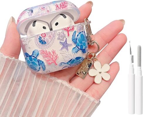 MINSCOSE for AirPods 4 Clear Case,Cute Ocean Marine Life Seashell Design with Flower Keychain,Soft TPU Protective Shockproof Cover with Cleaner Kit for AirPods 4 for Women Girls-Dolphin in Saudi Arabia