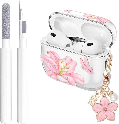Aircawin for Airpods 4 Case Clear,Cute Flower Floral Case for Airpod 4 Case Cover,Aesthetic Soft TPU with Girly Flower Pearl Keychain&Cleaning Pen for AirPods 4th Generation Cover Women Girl-Pink in Kuwait
