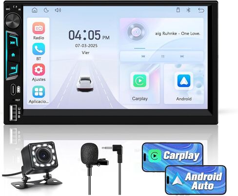 ستيريو سيارة عالمي مزدوج الدين مع CarPlay اللاسلكي وAndroid Auto، وحدة رأس شاشة لمس عالية الدقة 7 بوصات مع كاميرا احتياطية/ميكروفون خارجي، راديو السيارة يدعم البلوتوث/SWC/FM/USB in Kuwait