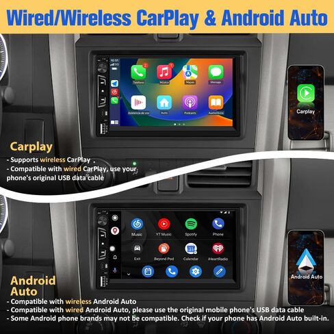 ستيريو سيارة عالمي مزدوج الدين مع CarPlay اللاسلكي وAndroid Auto، وحدة رأس شاشة لمس عالية الدقة 7 بوصات مع كاميرا احتياطية/ميكروفون خارجي، راديو السيارة يدعم البلوتوث/SWC/FM/USB in Kuwait