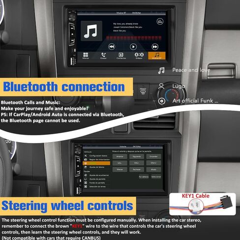 ستيريو سيارة عالمي مزدوج الدين مع CarPlay اللاسلكي وAndroid Auto، وحدة رأس شاشة لمس عالية الدقة 7 بوصات مع كاميرا احتياطية/ميكروفون خارجي، راديو السيارة يدعم البلوتوث/SWC/FM/USB in Kuwait