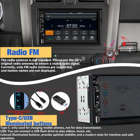 ستيريو سيارة عالمي مزدوج الدين مع CarPlay اللاسلكي وAndroid Auto، وحدة رأس شاشة لمس عالية الدقة 7 بوصات مع كاميرا احتياطية/ميكروفون خارجي، راديو السيارة يدعم البلوتوث/SWC/FM/USB in Kuwait