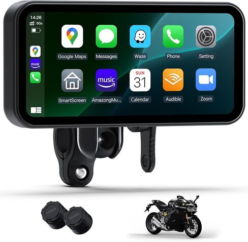 6.25 Inch Motorcycle CarPlay & Android Auto Display – IP67 Waterproof Touchscreen with Two TPMS, Dual Bluetooth, TF Card, GPS Navigation, Voice Control, Universal Mount in Kuwait