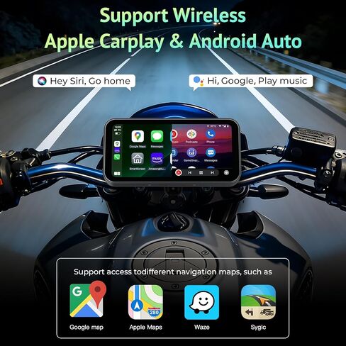 6.25 Inch Motorcycle CarPlay & Android Auto Display – IP67 Waterproof Touchscreen with Two TPMS, Dual Bluetooth, TF Card, GPS Navigation, Voice Control, Universal Mount in Kuwait