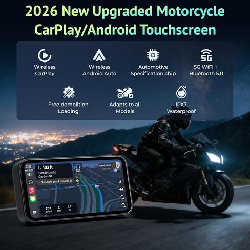 6.25 Inch Motorcycle CarPlay & Android Auto Display – IP67 Waterproof Touchscreen with Two TPMS, Dual Bluetooth, TF Card, GPS Navigation, Voice Control, Universal Mount in Kuwait